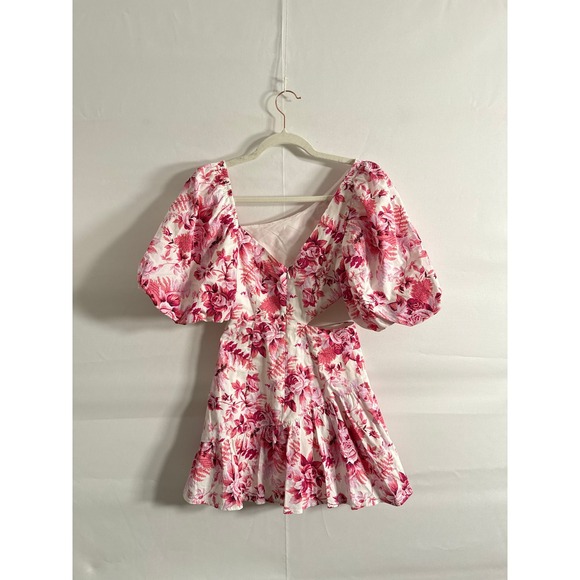 Hello Molly • Floral Cutout Puff Sleeve Square Neck Mini Dress Pink White XS US2 - Picture 7 of 8